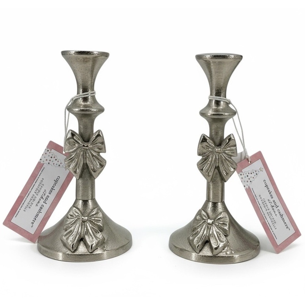 Cupcakes and Cashmere Silver Bow Taper Candle Holders Pair Holiday Decor NEW